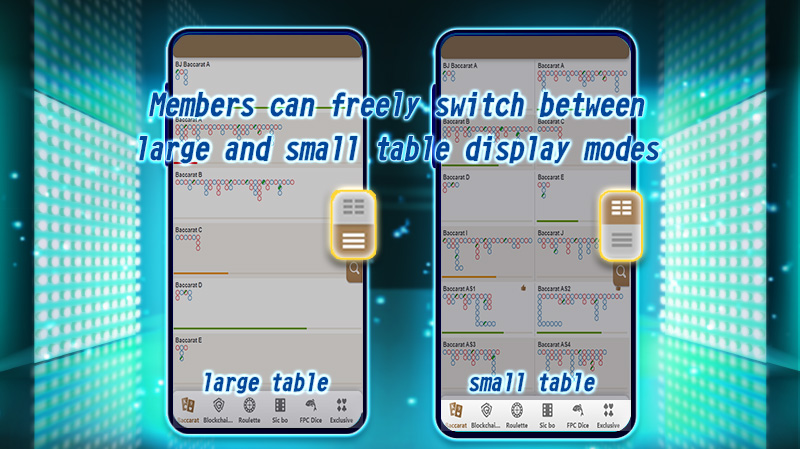 大厅提供大/小桌切换功能,会员可自由地根据需求选择适合自己的桌台显示方式